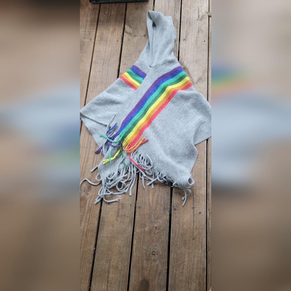 Gray Poncho with Rainbow Stripes
